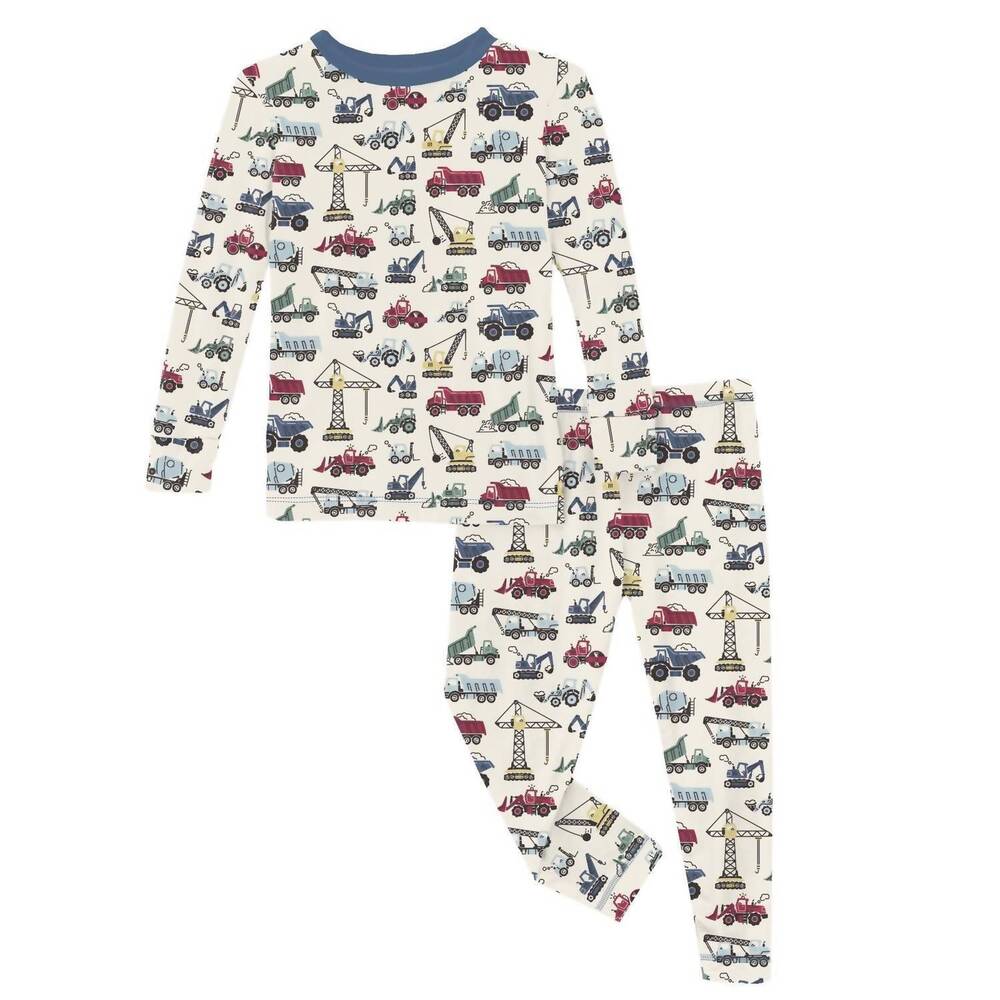 NEW KICKEE kid's long sleeve pajama set in natural construction trucks